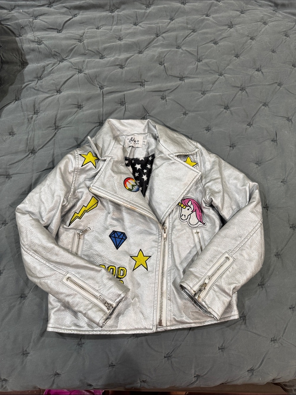 Lola + The Boys Metallic Silver Moto Jacket with Colorful Patch Accents